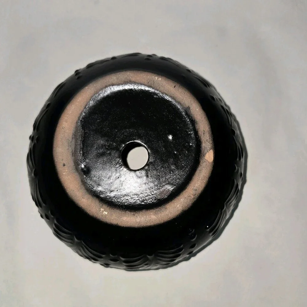 Black Round Planter 7 X 5 Inches Tall Hand Painted Mexican Art Clay Pot